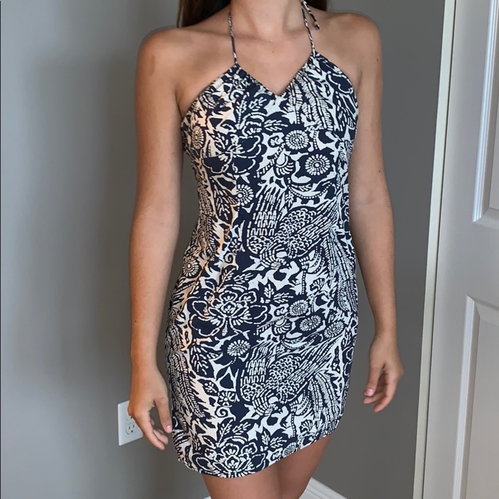 Tropical navy and white halter dress